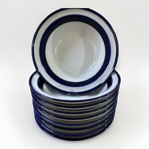 Set of 9 Vintage Noritake Fjord Stoneware Cereal Bowls Blue Rim Japan Primastone